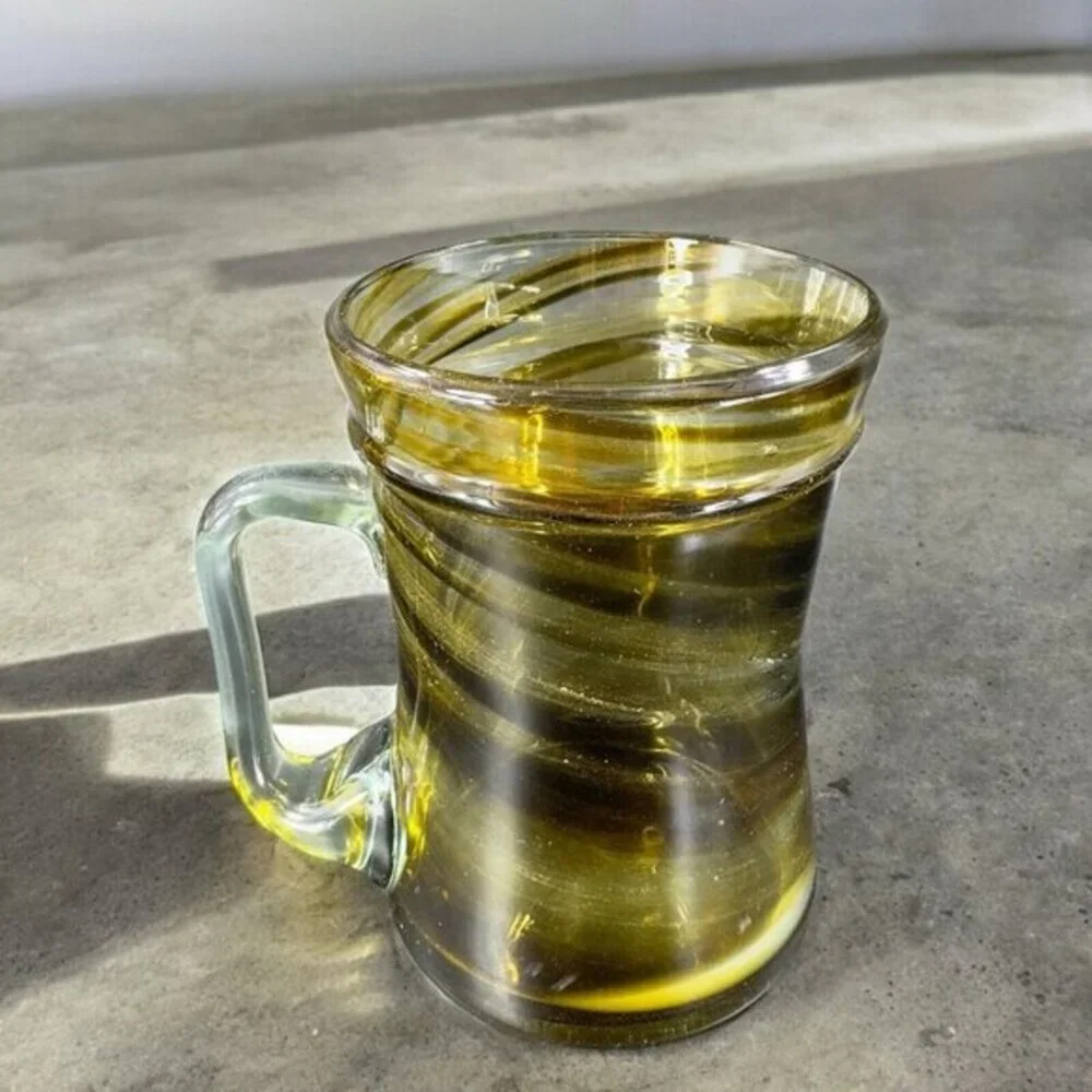 Art Glass Mug‎ Cup With Applied Clear Handle Green Black Swirls Lines Hand Made